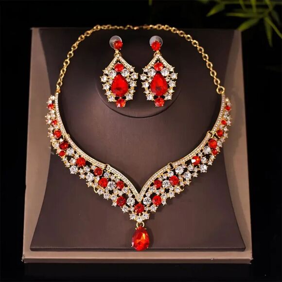 Elegant Rhinestone Red Jewelry Set with V-Shaped Necklace & Dangled Earrings - Picture 1 of 3